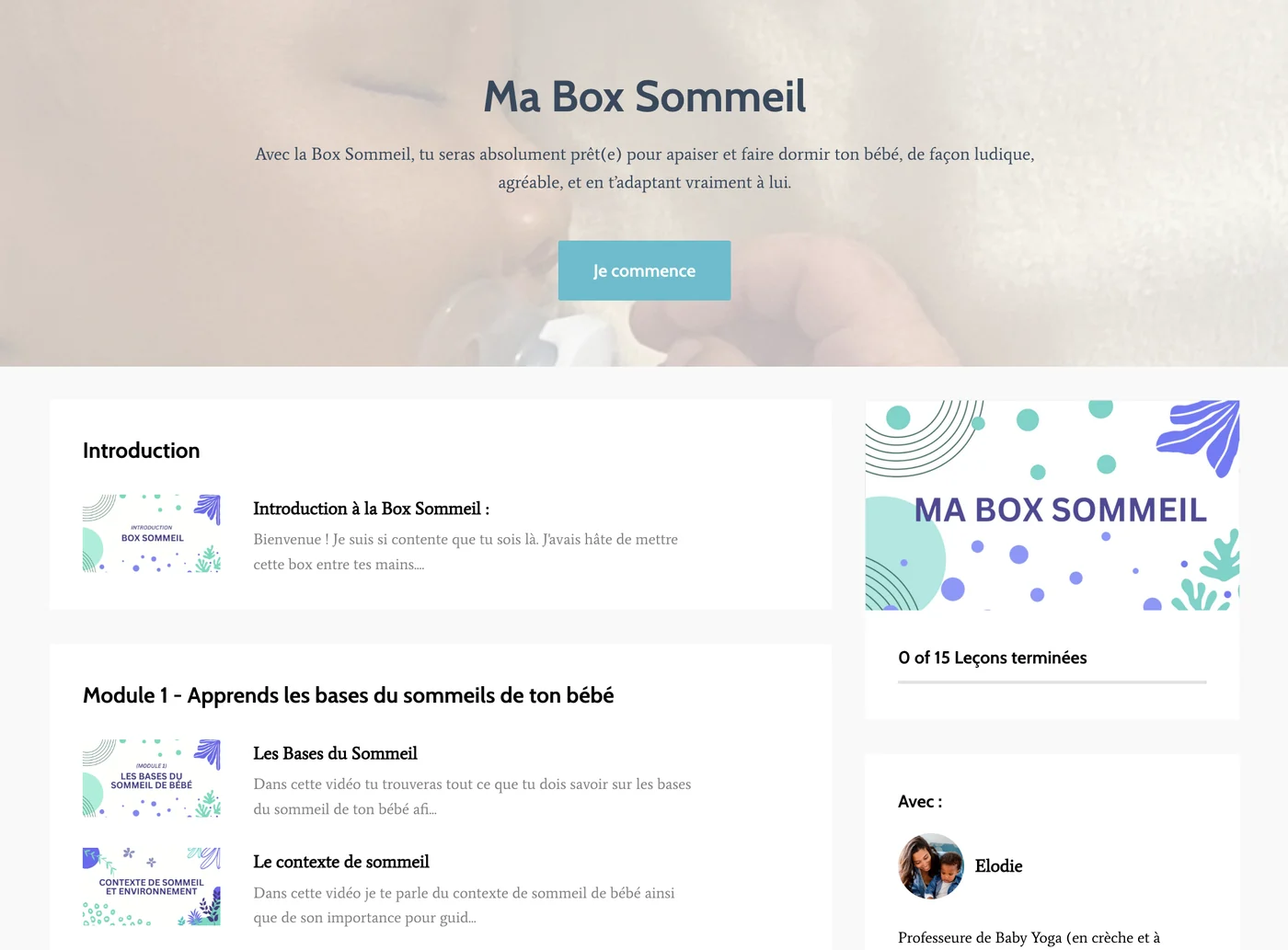 Aperçu de la Box Sommeil : page d'introduction et modules du programme