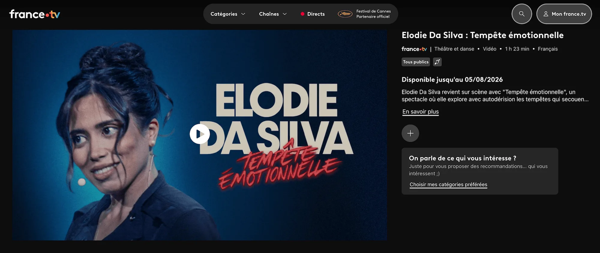 Page France TV du spectacle Élodie Da Silva Tempête Émotionnelle, cliquez pour voir le replay